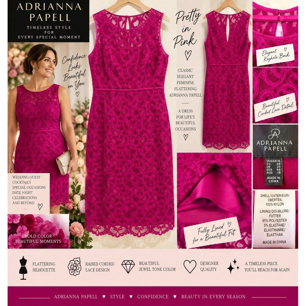 Adrianna Papell 16 Fuchsia Corded Lace Cocktail Dress Pink Wedding Guest HTF